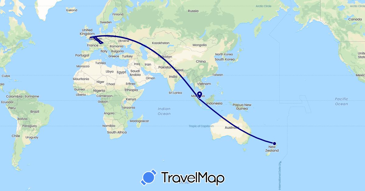 TravelMap itinerary: driving in Belgium, Germany, United Kingdom, Luxembourg, Netherlands, New Zealand, Singapore (Asia, Europe, Oceania)